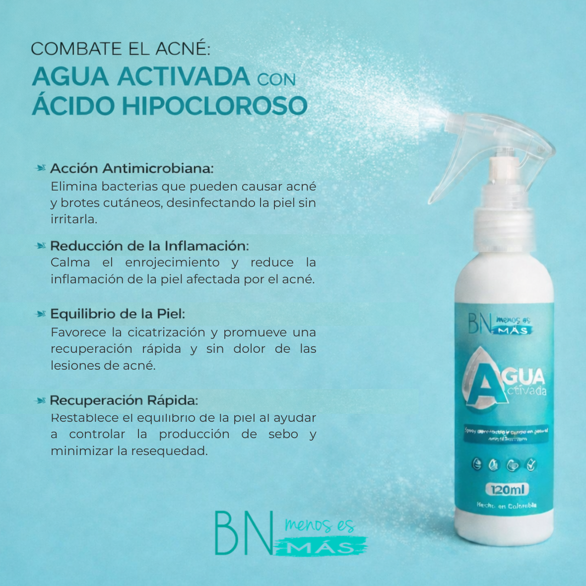 Botella de spray de agua activada con ácido hipocloroso para el cuidado de la piel y tratamiento del acné sobre fondo blanco.
