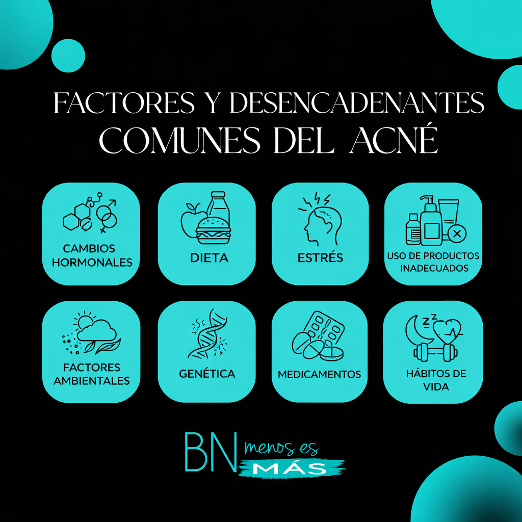 Infografía en español sobre factores y desencadenantes comunes del acné: cambios hormonales, dieta, estrés, genética, medicamentos y hábitos de vida.