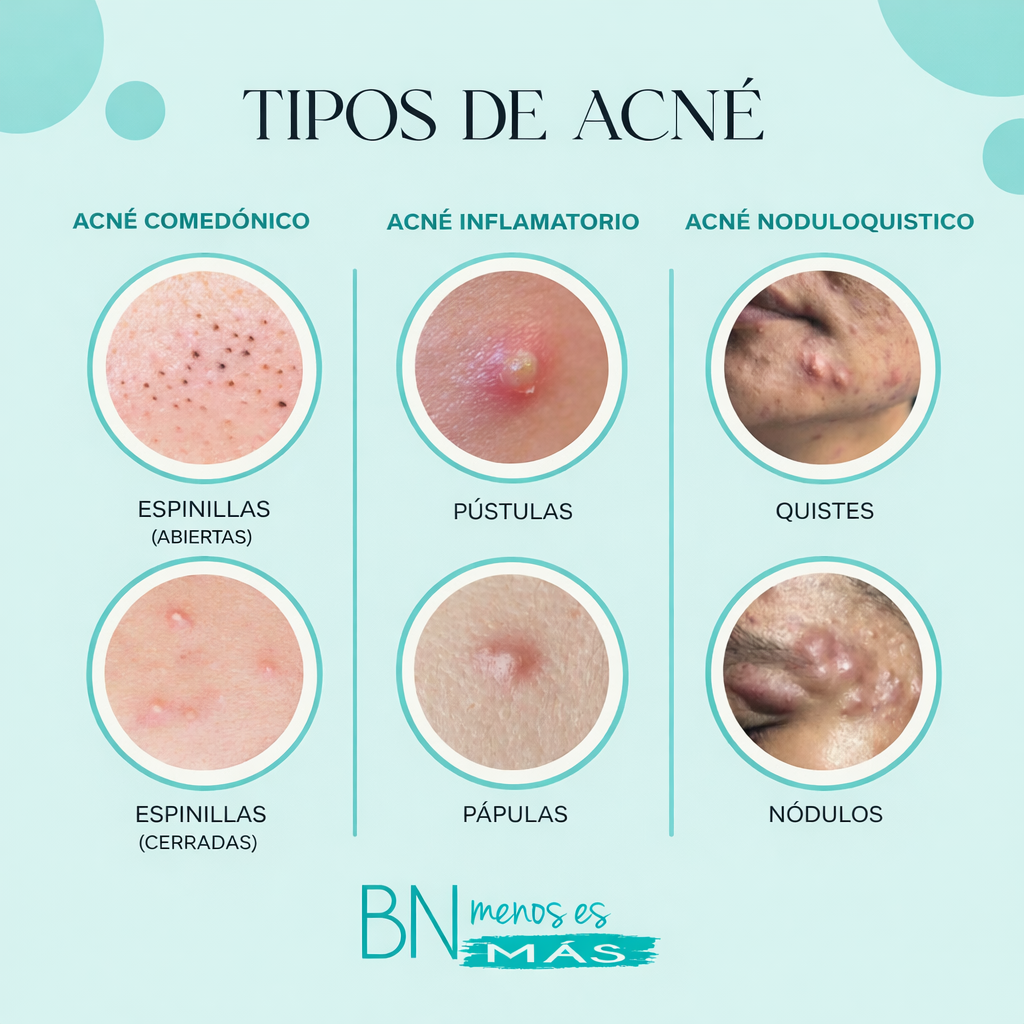 Infografía en español sobre los tipos de acné: acné comedónico, inflamatorio y noduloquístico con ejemplos de espinillas, pústulas, pápulas, quistes y nódulos.