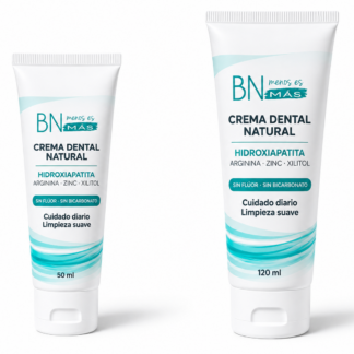 Crema dental natural BN MENOS ES MÁS con hidroxiapatita, arginina, zinc y xilitol, en presentaciones de 50 ml y 120 ml.